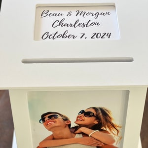 White wedding card box personalized with names and photos