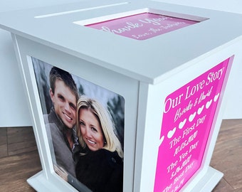 Hot Pink Wedding Card Box - Personalized with Love Story Print - Unique Decor for 2024 Wedding Celebration