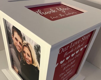 Custom Red Wedding Card Box with Love Story Print - Personalized Keepsake for Your Special Day