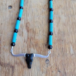 Turquoise and black longhorn skull necklace