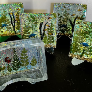 Square Coasters and Holder, Set of 4 Coaster, Epoxy Resin Coasters, Aquarium Coasters & Holder, 3.5&quot; Square  Full Set Coasters, Fish Coaster