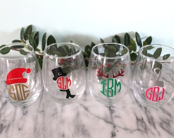 Monogrammed Holiday Stemless Wine Glass | Santa Hat | Snowman | Reindeer | Christmas Ornament | Personalized Gift | Monogram