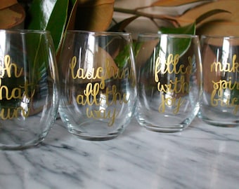 Christmas Stemless Wine Glasses | Oh What Fun | Filled With Joy | Making Spirits Bright | Laughing All the Way | Holiday Gift
