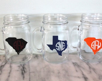 State Monogram Mason Jar with Handle | Personalized Gift | Birthday Gift | Christmas Gift | College Graduation Gift