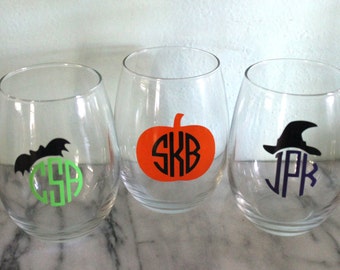 Monogram Halloween Stemless Wine Glass | Pumpkin | Bat | Witch | Personalized Gift