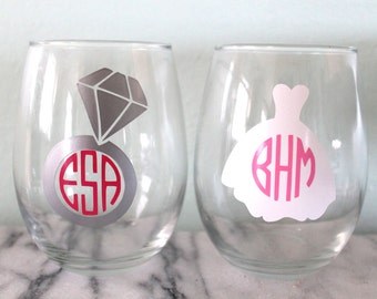 Monogrammed Bride Stemless Wine Glass | Ring or Wedding Dress | Engagement Gift | Wedding Gift | Bridal Shower Gift | Bachelorette Gift