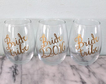 Bride Tribe Stemless Wine Glass with Personalized Date | Bachelorette Party | Bridesmaid Gift | Wedding Day | Personalized Gift