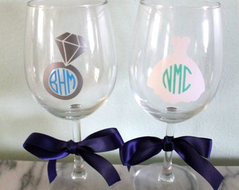 Monogrammed Bride Wine Glass | Ring or Wedding Dress | Engagement Gift | Wedding Gift | Bridesmaid Gift | Bachelorette Gift