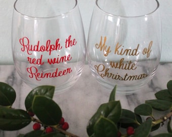 Rudolph the Red Wine Reindeer | My Kind of White Christmas Stemless Wine Glass | Christmas Gift