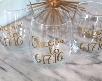 Cheers Stemless Wine Glass with Personalized Date | Bridesmaid Gift | Wedding Gift | Engagement Gift | Bridal Shower Gift | Bachelorette