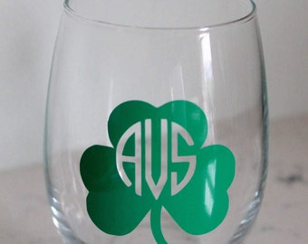 Monogrammed Shamrock St. Patrick's Day Stemless Wine Glass | Cheers!