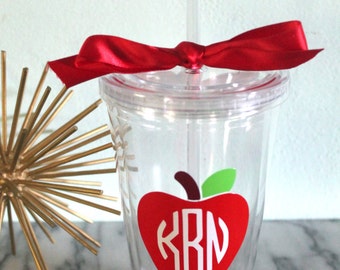 Monogram Apple Acrylic Tumbler with Straw | Teacher Gift | Personalized Gift