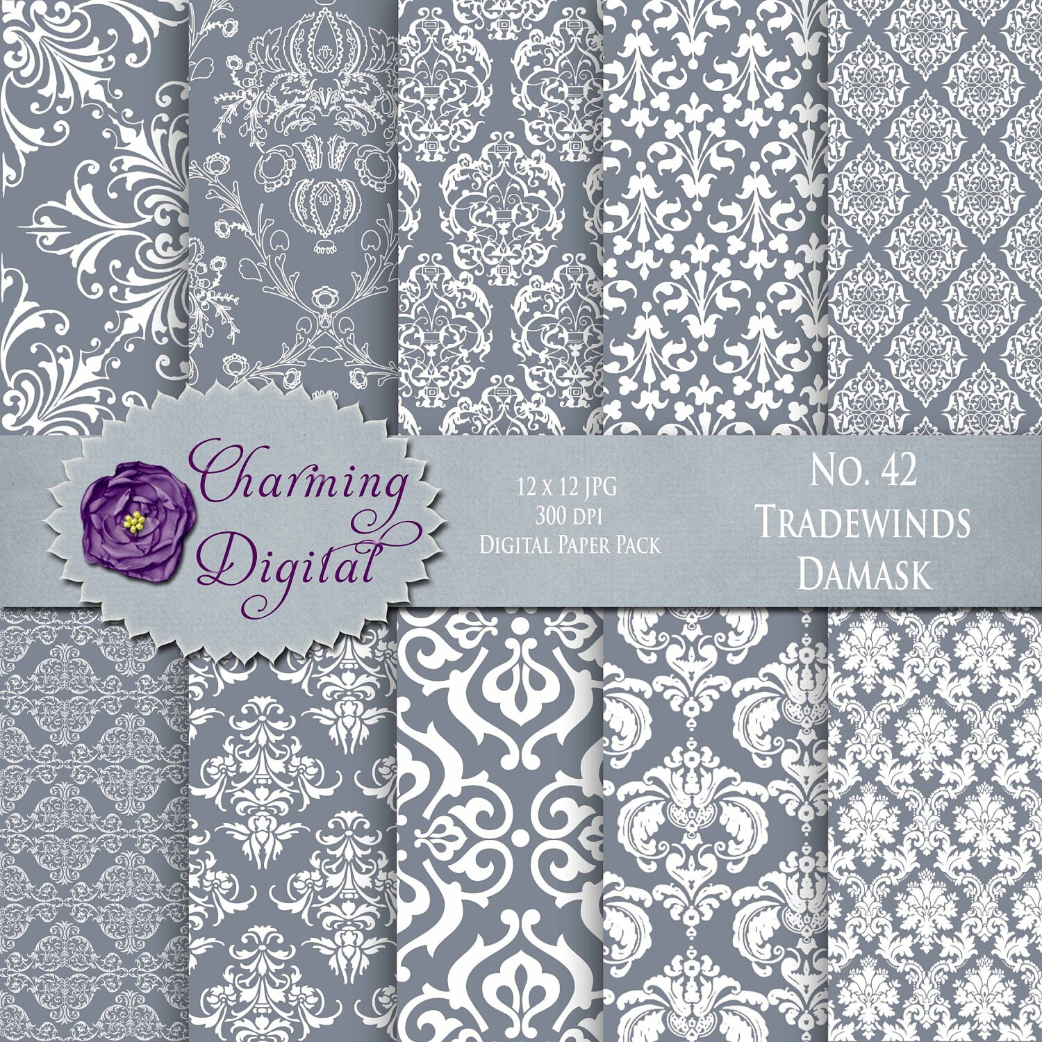 Gray Damask Digital Paper Gray Scrapbooking Digital Paper Etsy