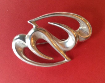 Vintage Double Sterling Silver Heart Pin Brooch