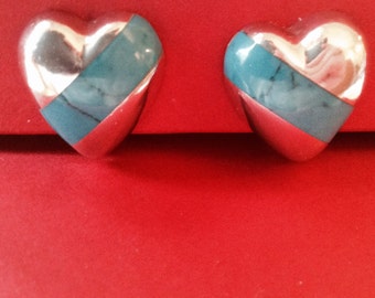 Vintage Sterling Silver with Turquoise Heart Puffed Earrings