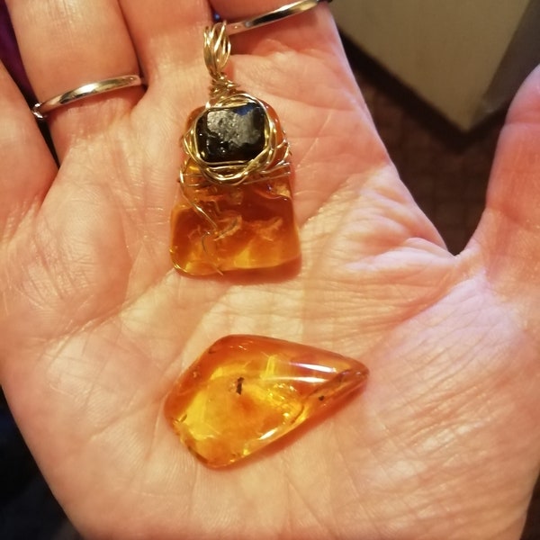 Baltic Amber and Whitby Jet Amulet pendant and polished Baltic Amber with tiny fly inclusion OOAK Witch gift Health and protection Magick