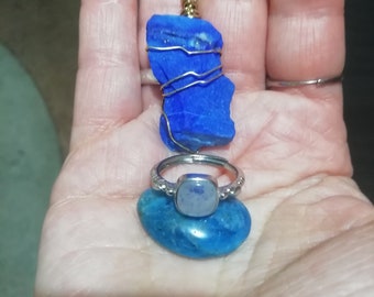 Royal Blue Lapis Lazuli Amulet pendant, Dumortierite in Quartz ring, neon Apatite, truth, willpower, focus Magick OOAK set