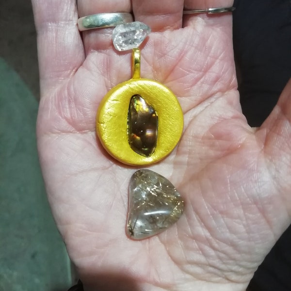 Full of fire bright Fire Agate Amulet pendant, flashy Rutilated Quartz, sparkly Genuine NY Herkimer Quartz OOAK Spiritual Energy Magick