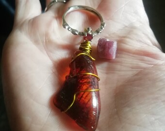 Rare Cherry Baltic Amber Wirewrapped Amulet pendant, genuine Ruby ring and Raw Ruby crystal Root Chakra set OOAK Energy,Abundance,Joy Magick