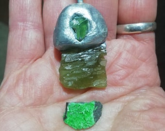 Heliodor crystal and rare Tsavorite Garnet Amulet pendant,rare sparkly Uvarovite Garnet, Stength, prosperity, Abundance Magick OOAK set