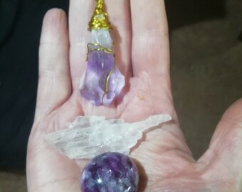 SOULMATE TWIN Amulet pendant, sparkly Lepidolite, Kunzite crystal, OOAK Crown Chakra set,serenity, destiny Magick
