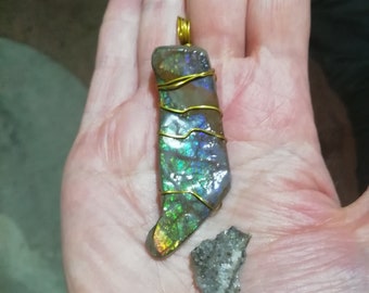 Large Ammolite Amulet pendant with rare Rainbow flash, sparkly Fossil wood, Luck Magick, Ancestor Connection