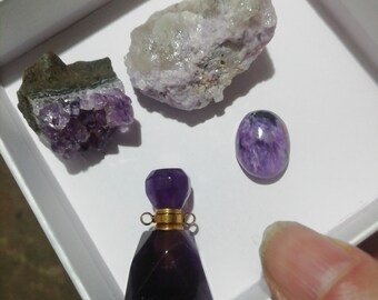 Carved Amethyst perfume bottle, polished Charoite, Amethyst cluster, raw Lepidolite on calcite OOAK Crown Chakra set Peaceful serene Magick