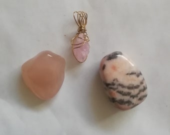 Rare Crystalline Rose Quartz Amulet pendant, rare pink Zebra Jasper, pink Chalcedony, Love, Joy, Harmony Magick OOAK set