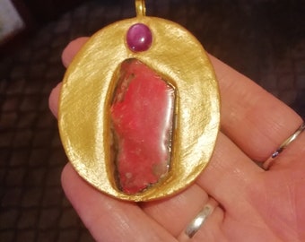 Beautiful bright Red Flash Ammolite and Star Ruby Amulet pendant, Luck, Joy, Passion Magick 00AK