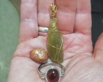 Rare Elestial Heliodor crystal Amulet pendant,sparkly Sunstone,Garnet in silver ring, OOAK SET Wellbeing,success, Manifestation Magick