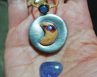 Blue Moon Mexican Fire Opal Amulet Pendant, sparkly Tanzanite,Kyanite Ring OOAK set Psychic Magick