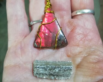 Beautiful super bright Ruby red flash Ammolite Amulet pendant and sparkly petrified wood set, Luck Magick, Ancestor Connection