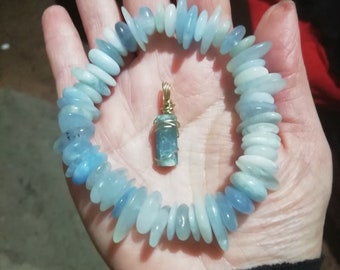 Bright blue Aquamarine crystal wirewrapped Amulet pendant and polished gem bracelet OOAK set Sea Witch Magick gem of youth, hope,happiness