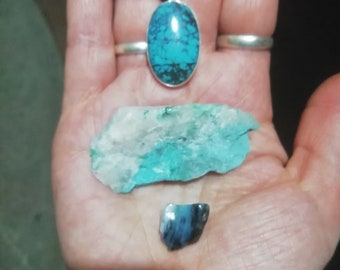 Genuine Turquoise in silver Amulet pendant,raw Ajoite with Chryscolla, Peruvian Blue Opal,Healing,peace,Spiritual Awakening Magick, OOAK set