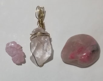 Rare crystals Heart Chakra set, Pink Danburite Amulet pendant, crystallised Rose quartz, Rhodonite in Quartz, OOAK, Love, comfort Magick