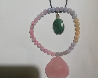 Faceted natural gemmy Emerald Amulet pendant, mixed Morganite, Aquamarine, Heliodor bracelet,rich pink raw Morganite,OOAK Heart Chakra set