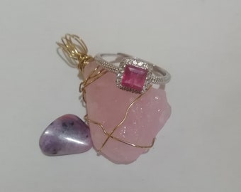 Rich pink rare Morganite Amulet pendant,fine quality pink Tourmaline silver ring,pink gel Sugilite OOAK SET Love,Divine Higher heart Magick