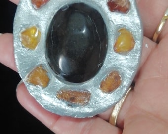 Large Whitby Jet and raw Baltic Amber Amulet pendant, OOAK, Protection, Ancestor Connection Magick