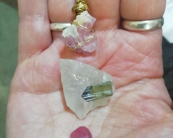 Rare Crystalline Rose Quartz Amulet pendant, rare green Tourmaline in quartz key crystal, pink Tourmaline OOAK Heart Chakra set,Love Magick