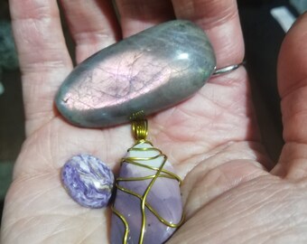 Super RARE Hyacinth Jasper Amulet pendant, violet flash double sided Labradorite,polished Charoite OOAK SET Crown Chakra Magick