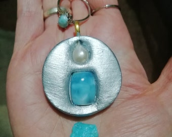 Larimar and Pearl Amulet pendant,Larimar ring, genuine AZ Turquoise OOAK Sea Witch set, Mermaid Magick
