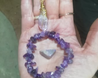 Vera Cruz Amethyst crystal Amulet pendant, Amethyst bracelet, Purple Jade OOAK Crown Chakra set