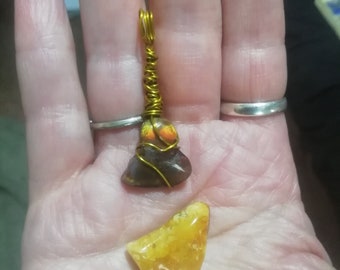 Flame of Spiritual perfection, flashy Fire Agate Amulet pendant and Baltic Amber OOAK set Energy, protection,passion Magick