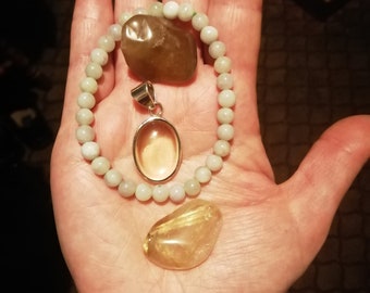 Libyan Desert Glass Silver Amulet pendant, Natural Citrine, Jadeite bracelet, Rutilated Quartz OOAK set Manifestation, Luck Magick