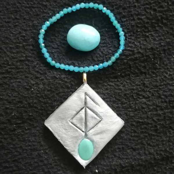 Good Health Bindrune Amulet pendant with genuine Arizona Turquoise, gem blue Apatite bracelet, fine blue Aragonite tumble, health magick