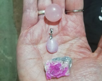 Rare Cars eye Kunzite silver Amulet pendant, Star Rose Quartz sphere, Sparkly Cobaltan Calcite OOAK Heart Chakra set Love Magick