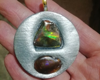 Bright Ammolite flash Amulet pendant with rare purple Fire Agate,Energy, protection,Divine Flame