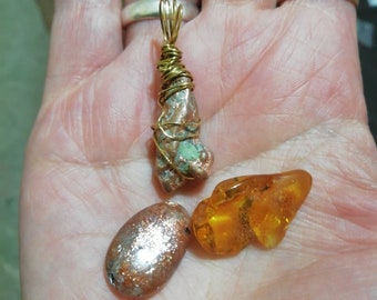 Lovely native copper Amulet pendant, sparkly Sunstone, Baltic Amber OOAK set Health, energy, joy Magick