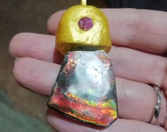 Lovely rare bright Rainbow flash Ammolite and faceted natural Ruby Amulet pendant, Luck, passion, Joy, Magickk