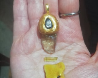 Natural Citrine and Hyperthene Amulet pendant, Heliodor crystal, Baltic Amber OOAK set, Abundance, Luck, Success Magick